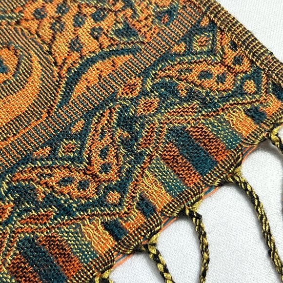 Paisley Fall Colors Scarf Shawl Wrap Gold Brown Green Woven Fringe 28" X 75.5" - Picture 4 of 9